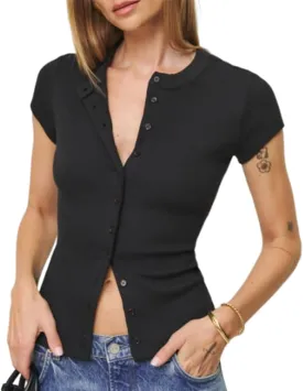 Womens Short Sleeve Button Up Slim Tshirt Crewneck Button Down Ribbed Knit Cardigan Tee Going Out Basic Dressy Tops