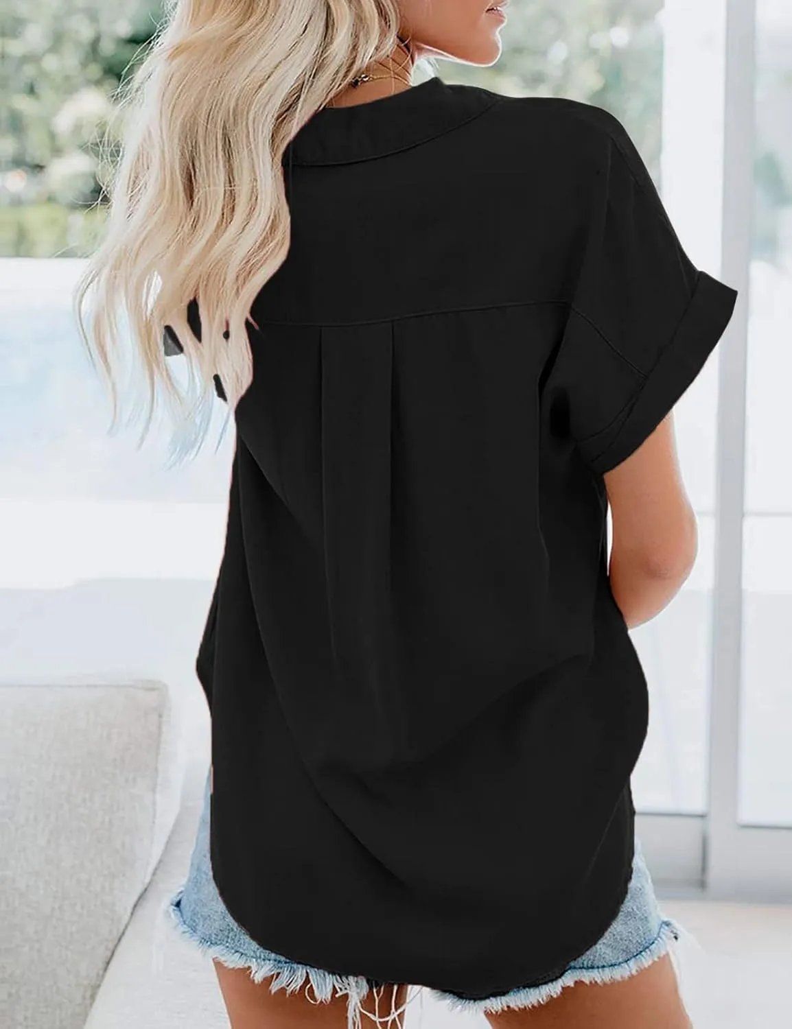 Womens Short Sleeve Shirts Spring Summer Tops V Neck Collared Button Down Ladies Shirt Tops Trendy 2025