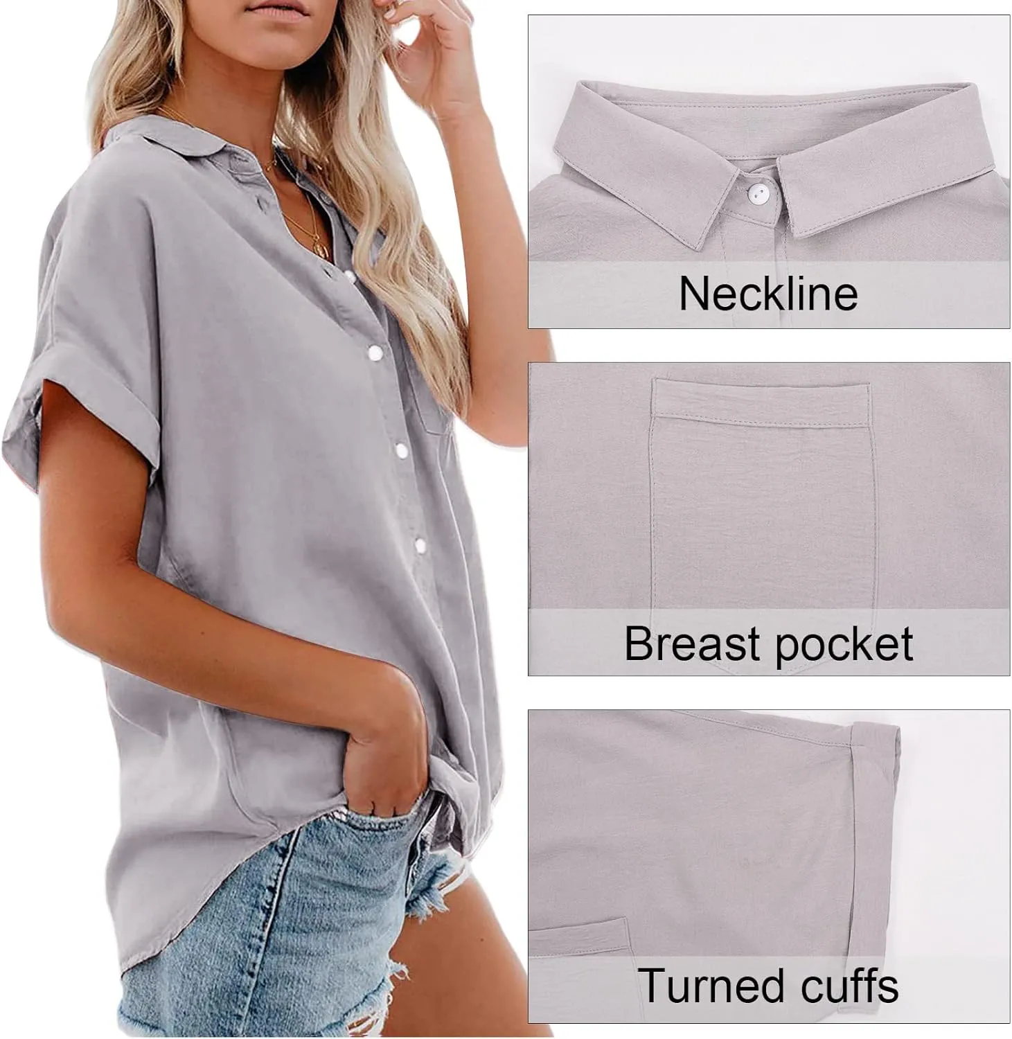 Womens Short Sleeve Shirts Spring Summer Tops V Neck Collared Button Down Ladies Shirt Tops Trendy 2025