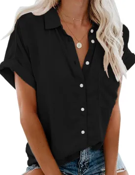 Womens Short Sleeve Shirts Spring Summer Tops V Neck Collared Button Down Ladies Shirt Tops Trendy 2025