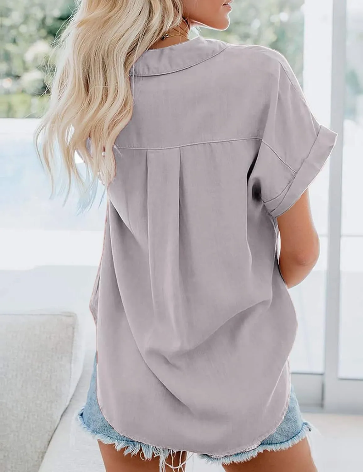 Womens Short Sleeve Shirts Spring Summer Tops V Neck Collared Button Down Ladies Shirt Tops Trendy 2025