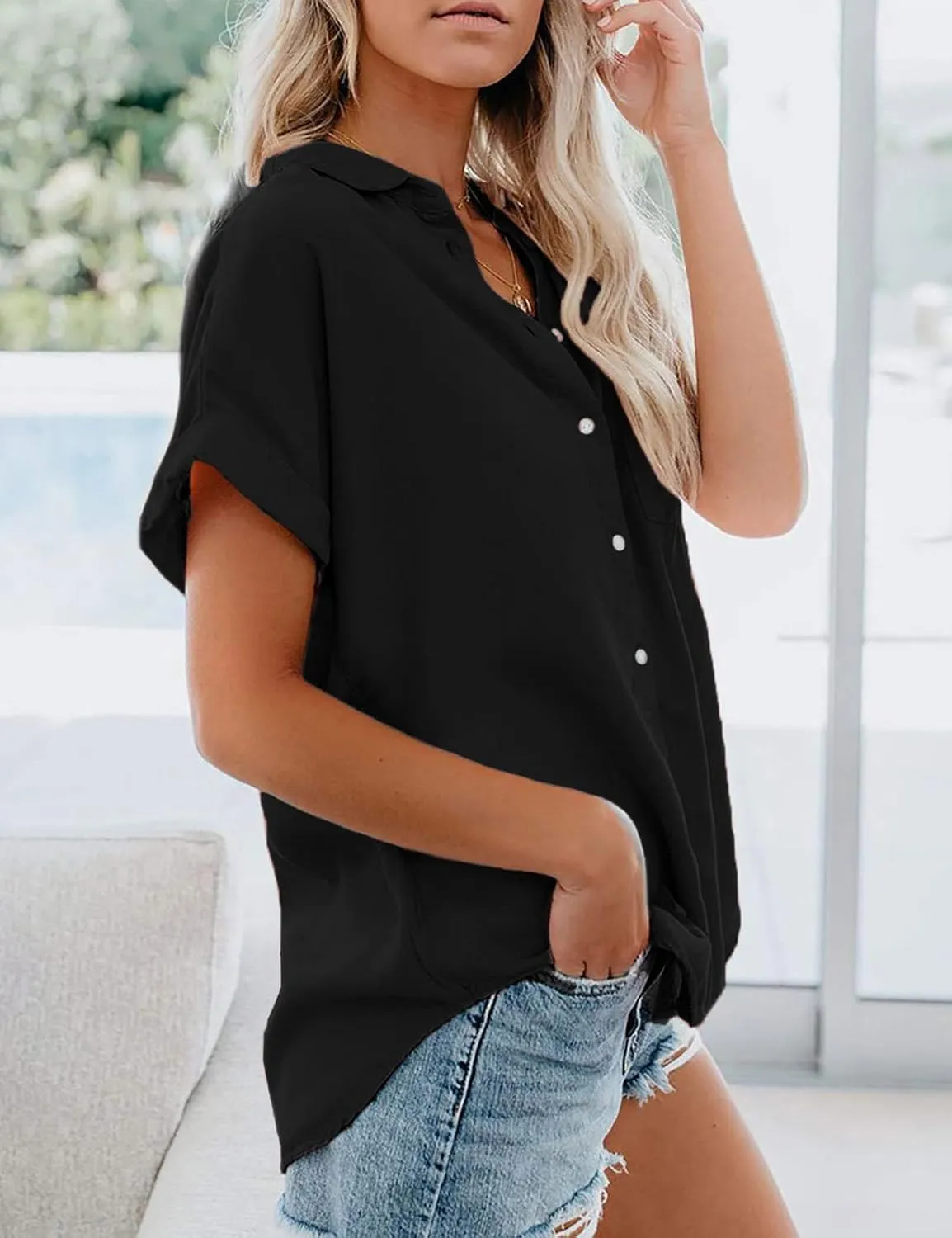 Womens Short Sleeve Shirts Spring Summer Tops V Neck Collared Button Down Ladies Shirt Tops Trendy 2025