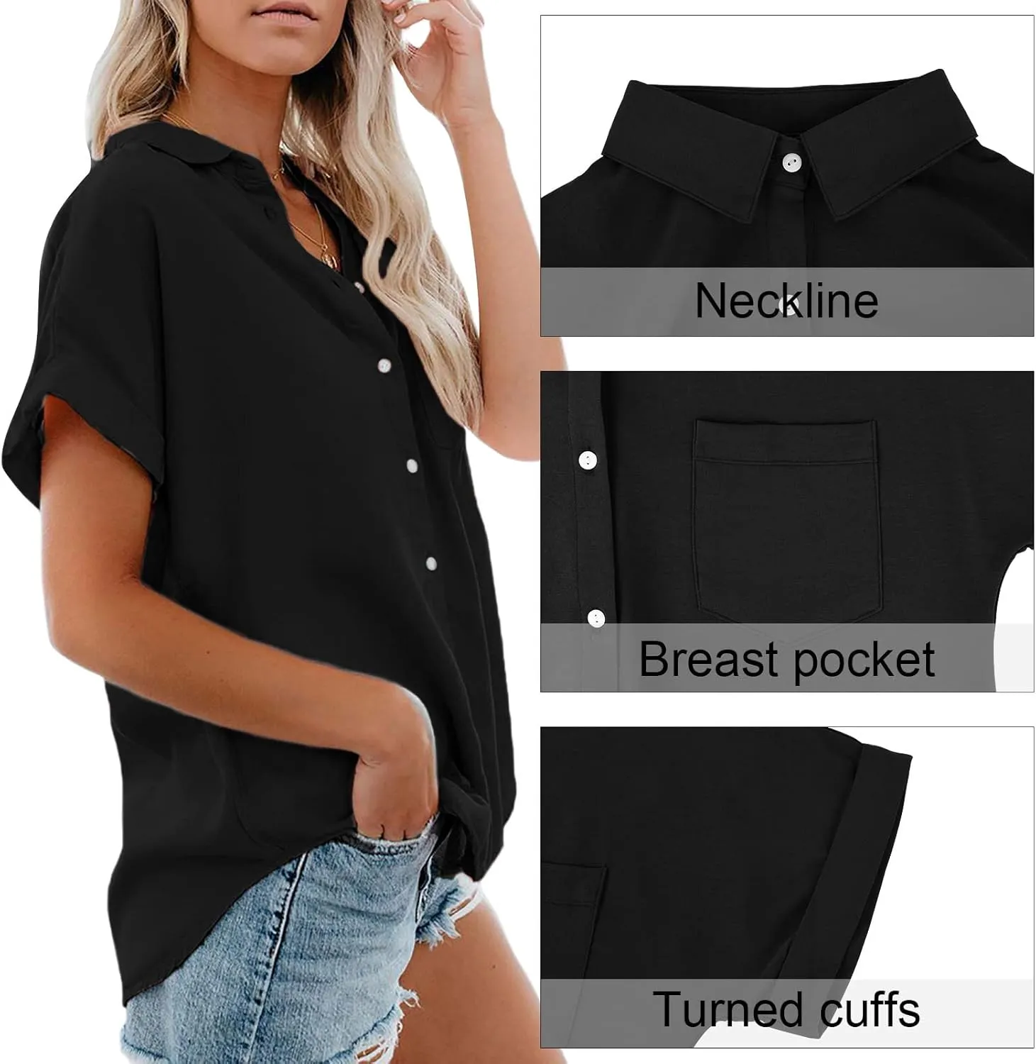 Womens Short Sleeve Shirts Spring Summer Tops V Neck Collared Button Down Ladies Shirt Tops Trendy 2025