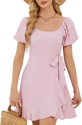 Women's Summer Dresses Puffed Sleeve Round Neck Short Waist Wedding Guest Dresses 2025