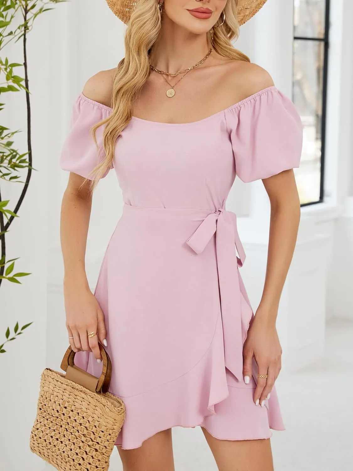 Women's Summer Dresses Puffed Sleeve Round Neck Short Waist Wedding Guest Dresses 2025