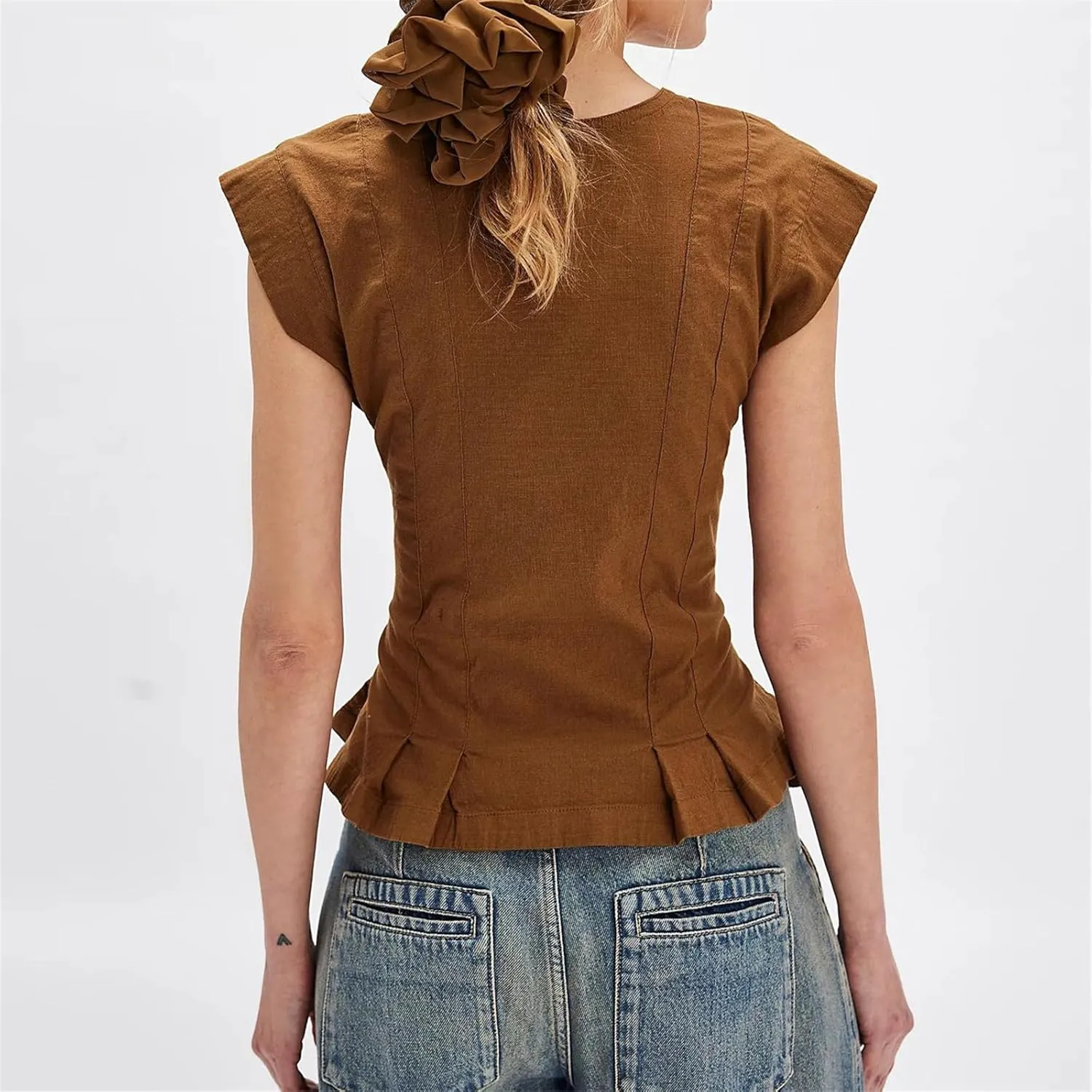 Y2K Short Sleeve Babydoll Tops for Women V Neck Button Up Ruffle Hem Slim Teen Girls Tshirt Cute Aesthetic Shirts