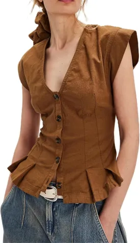 Y2K Short Sleeve Babydoll Tops for Women V Neck Button Up Ruffle Hem Slim Teen Girls Tshirt Cute Aesthetic Shirts