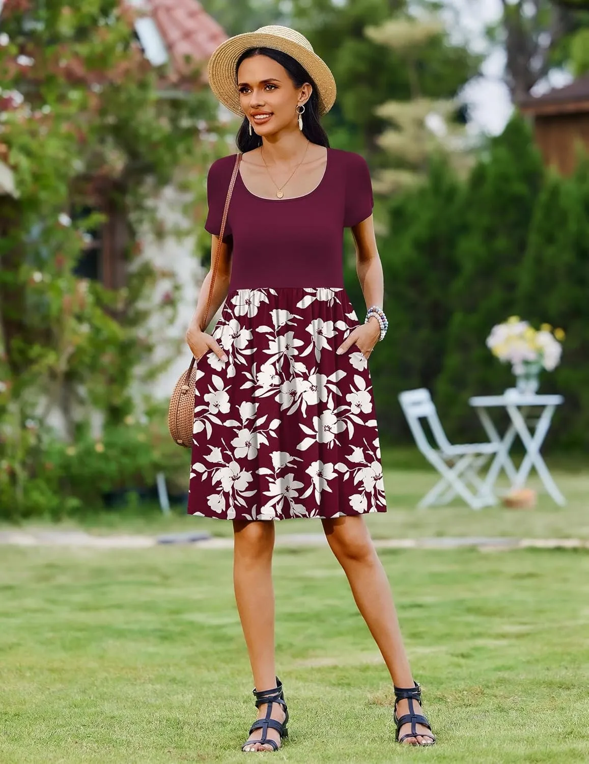 Zeagoo Womens Casual Dress Floral Patchwork Summer Dress Square Neck Short Sleeve A Line Flowy Swing Mini Dress with Pockets