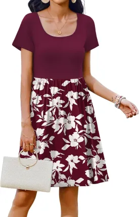 Zeagoo Womens Casual Dress Floral Patchwork Summer Dress Square Neck Short Sleeve A Line Flowy Swing Mini Dress with Pockets