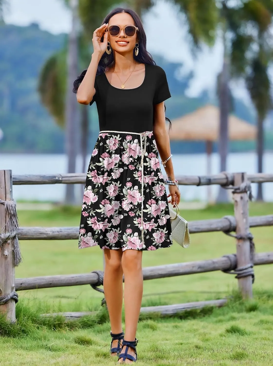 Zeagoo Womens Casual Dress Floral Patchwork Summer Dress Square Neck Short Sleeve A Line Flowy Swing Mini Dress with Pockets