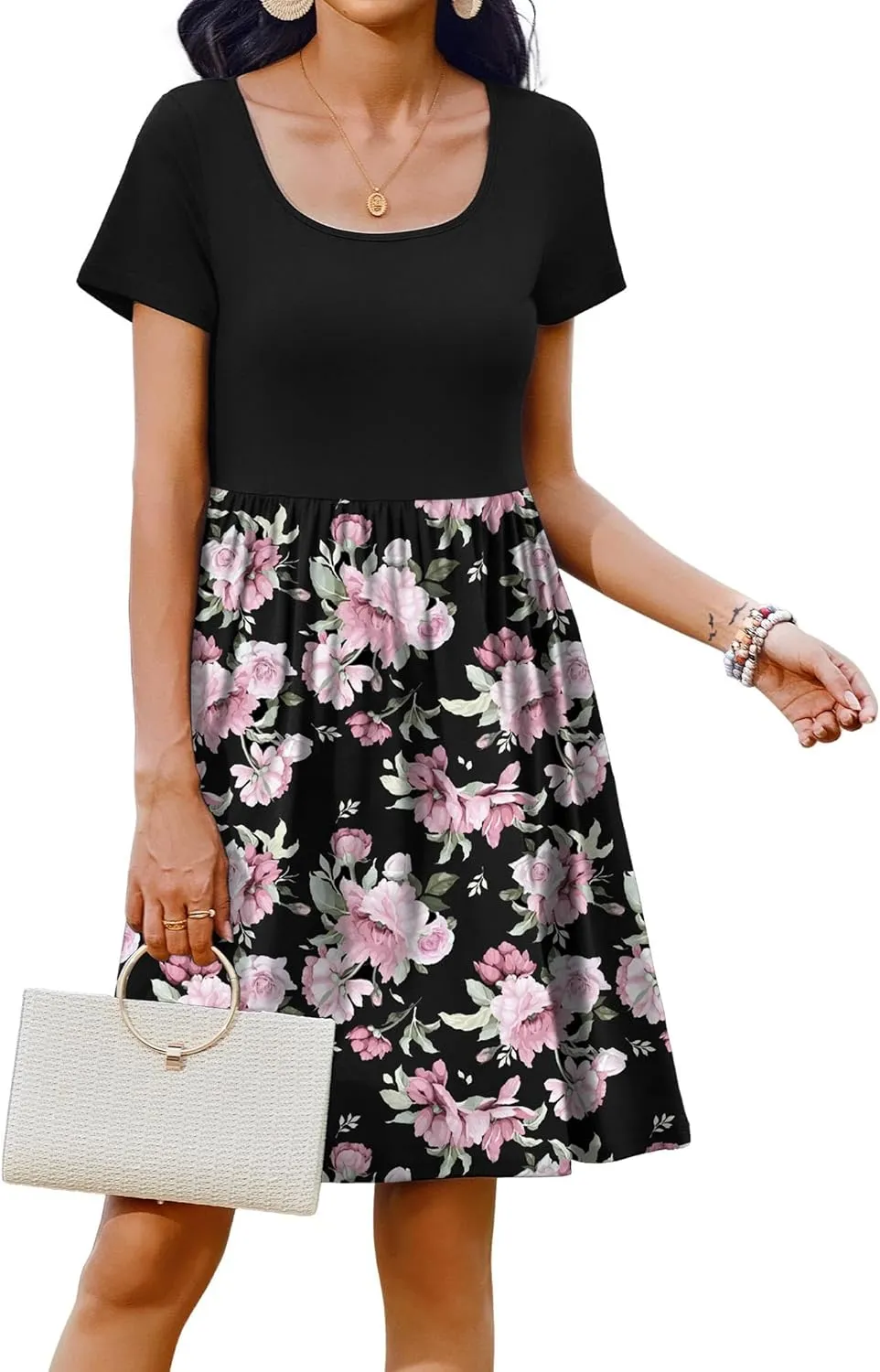 Zeagoo Womens Casual Dress Floral Patchwork Summer Dress Square Neck Short Sleeve A Line Flowy Swing Mini Dress with Pockets