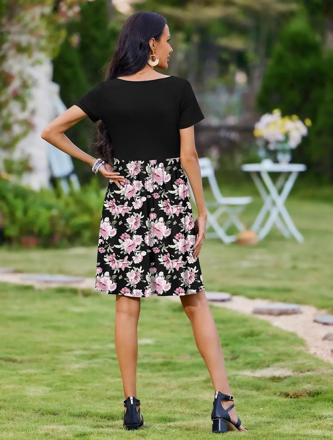 Zeagoo Womens Casual Dress Floral Patchwork Summer Dress Square Neck Short Sleeve A Line Flowy Swing Mini Dress with Pockets