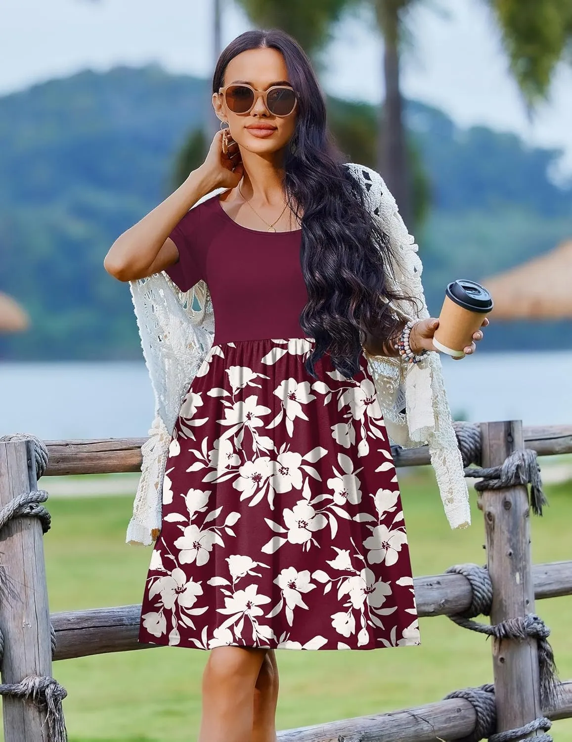 Zeagoo Womens Casual Dress Floral Patchwork Summer Dress Square Neck Short Sleeve A Line Flowy Swing Mini Dress with Pockets