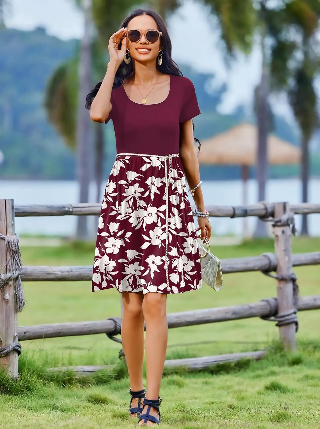 Zeagoo Womens Casual Dress Floral Patchwork Summer Dress Square Neck Short Sleeve A Line Flowy Swing Mini Dress with Pockets