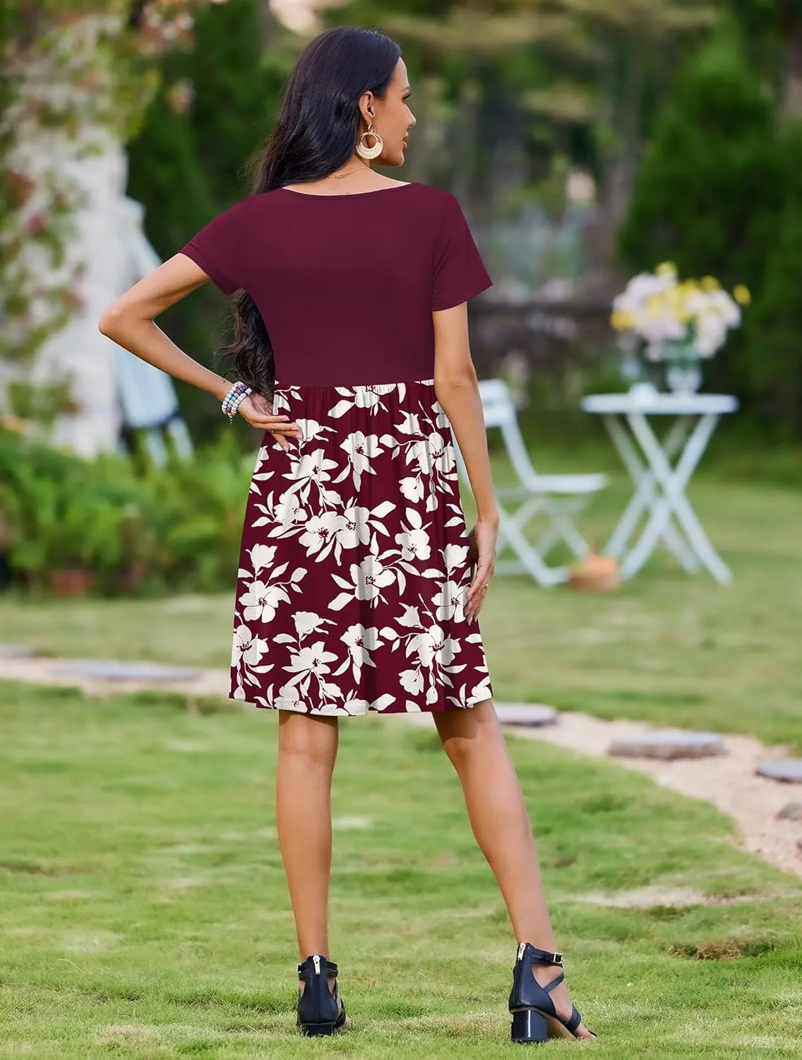 Zeagoo Womens Casual Dress Floral Patchwork Summer Dress Square Neck Short Sleeve A Line Flowy Swing Mini Dress with Pockets