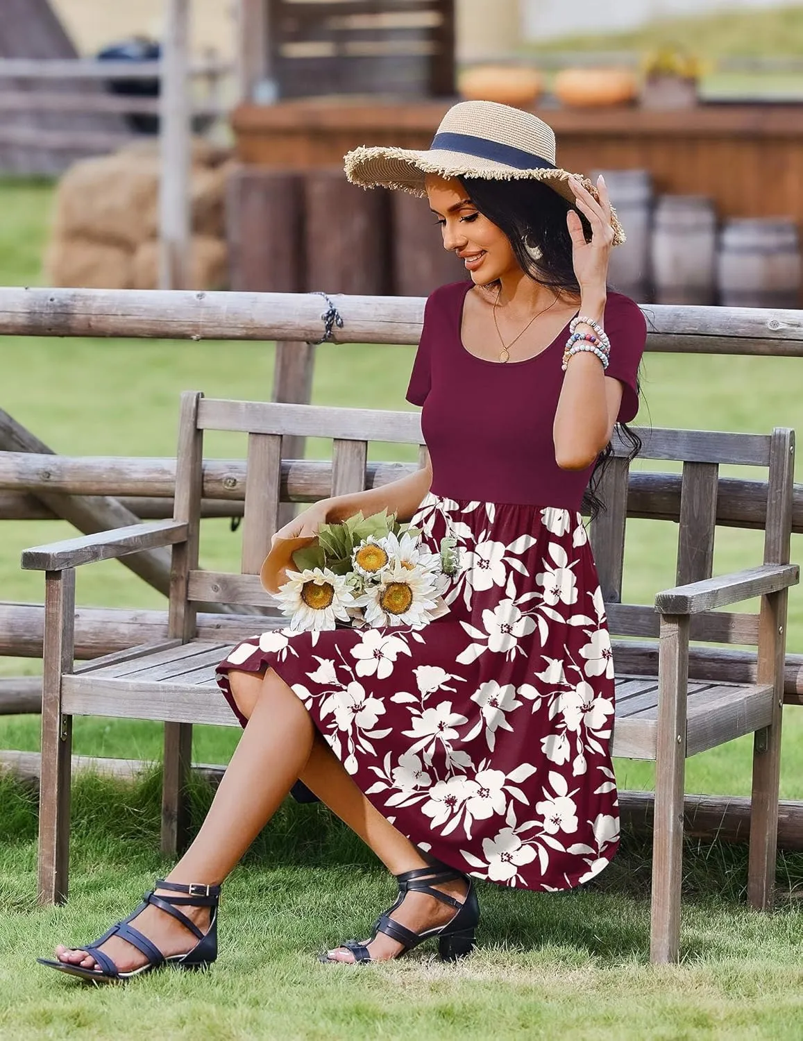 Zeagoo Womens Casual Dress Floral Patchwork Summer Dress Square Neck Short Sleeve A Line Flowy Swing Mini Dress with Pockets