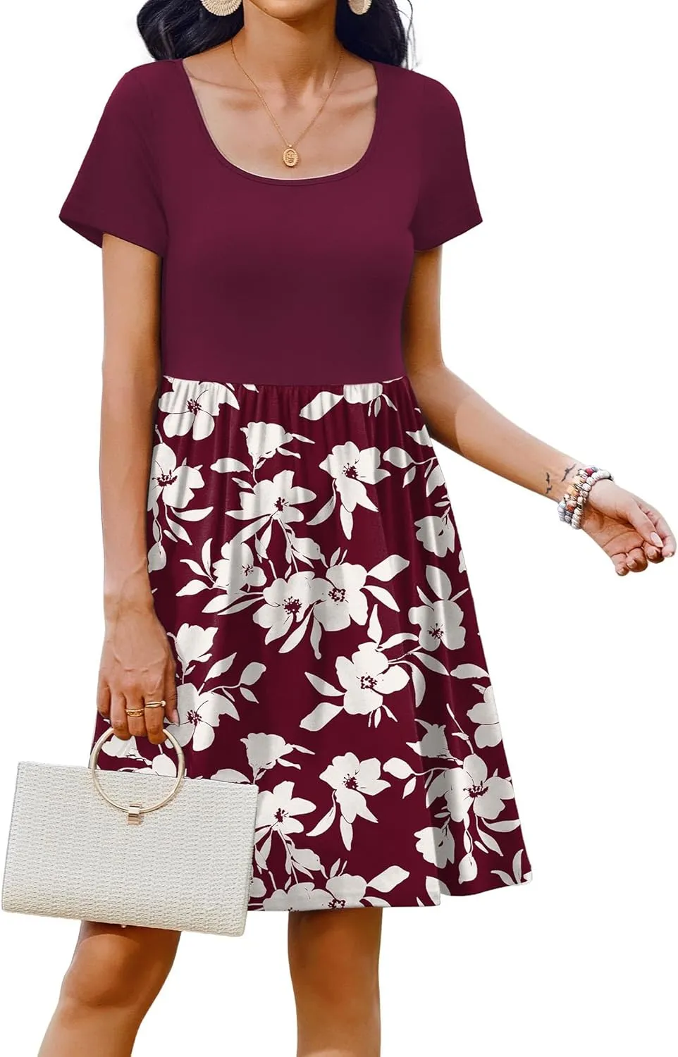 Zeagoo Womens Casual Dress Floral Patchwork Summer Dress Square Neck Short Sleeve A Line Flowy Swing Mini Dress with Pockets