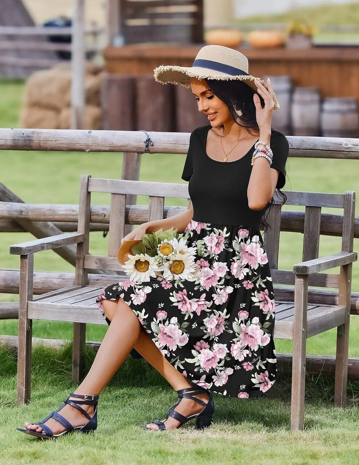 Zeagoo Womens Casual Dress Floral Patchwork Summer Dress Square Neck Short Sleeve A Line Flowy Swing Mini Dress with Pockets