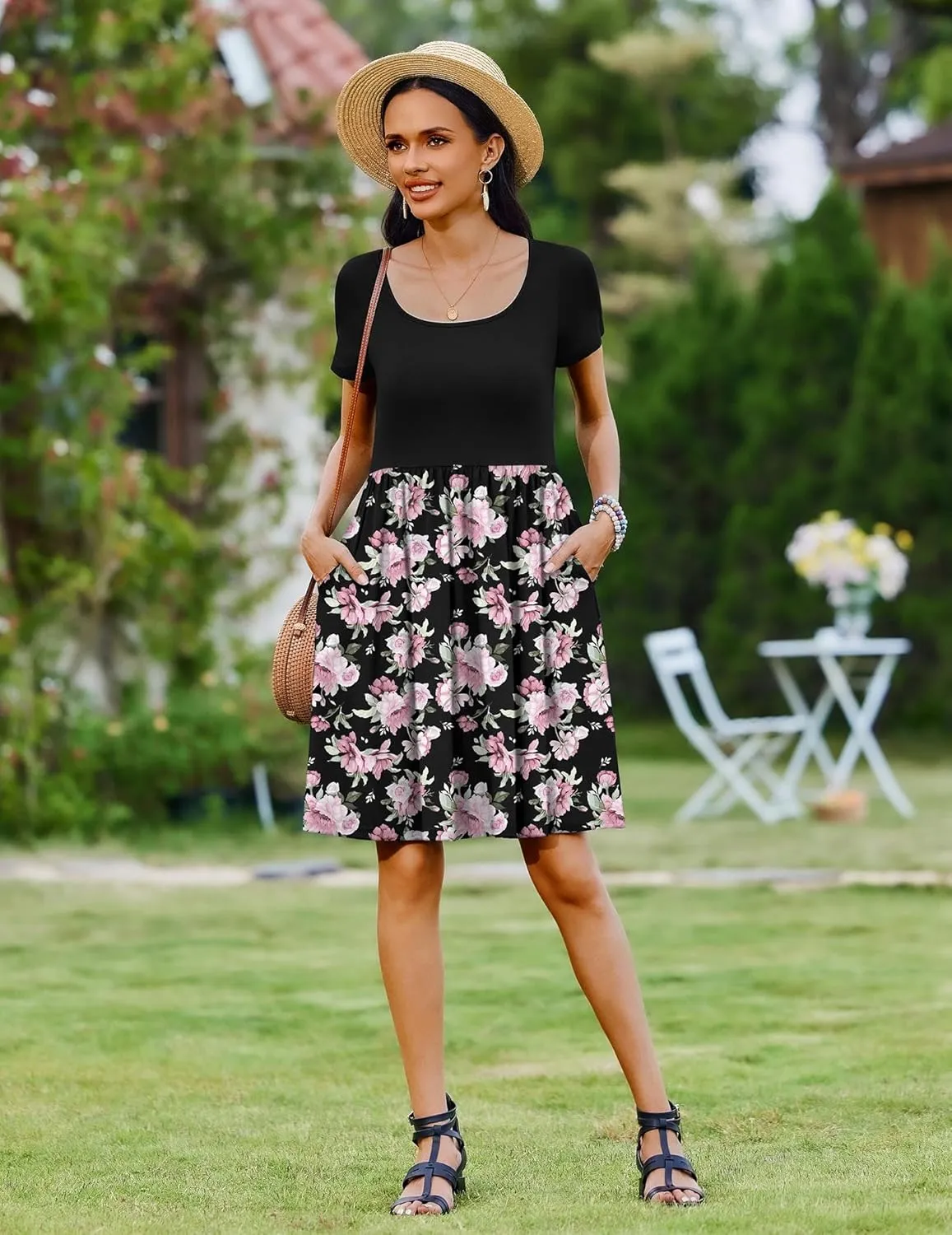 Zeagoo Womens Casual Dress Floral Patchwork Summer Dress Square Neck Short Sleeve A Line Flowy Swing Mini Dress with Pockets