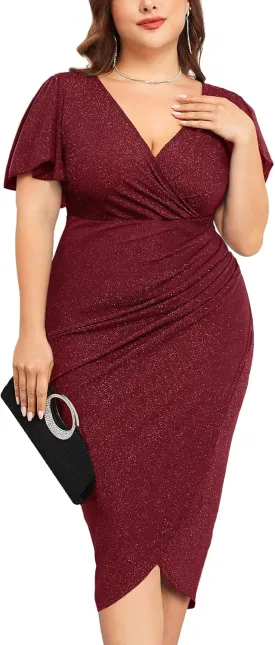 ZOMVA Plus Size 0X-4X Sparkly Glitter Ruched Bodycon Midi Dress Sparkle Sequin Wrap Ruffle Sleeve Dress Cocktail Party Formal
